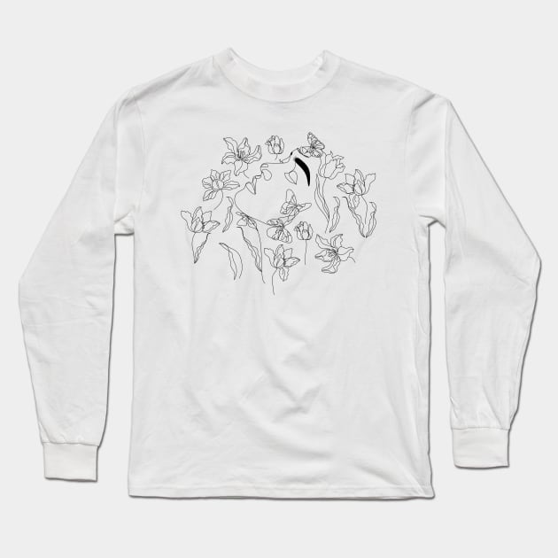 Woman With Flowers Long Sleeve T-Shirt by OneLinePrint